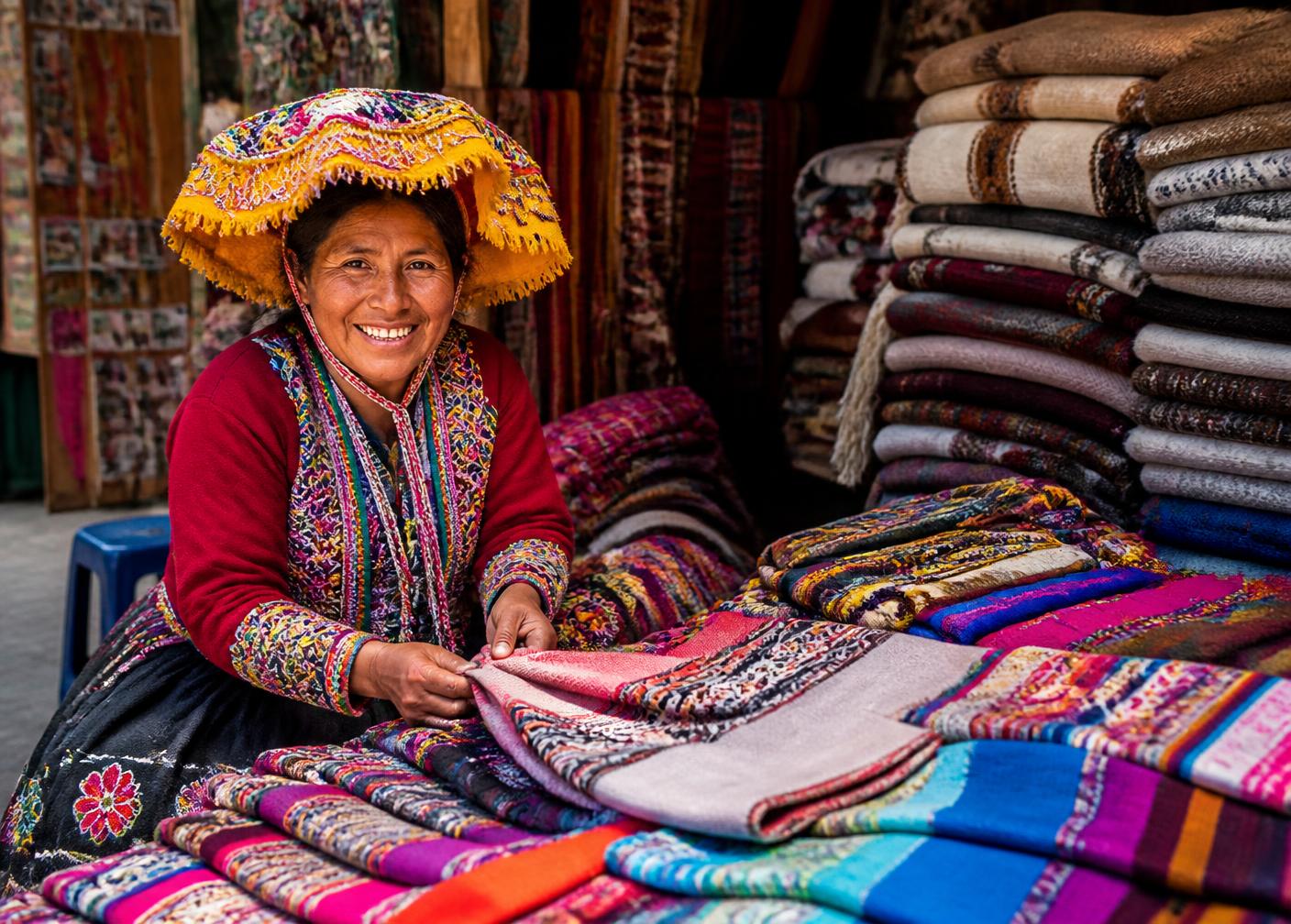 Mujer andina con textiles tradicionales en un mercado del Perú