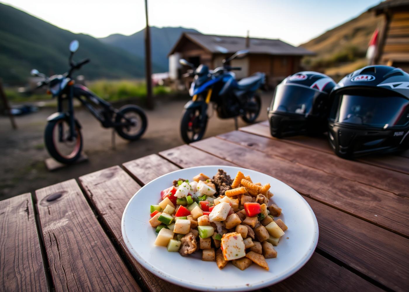 Plato típico peruano servido en una mesa rústica junto a cascos de moto